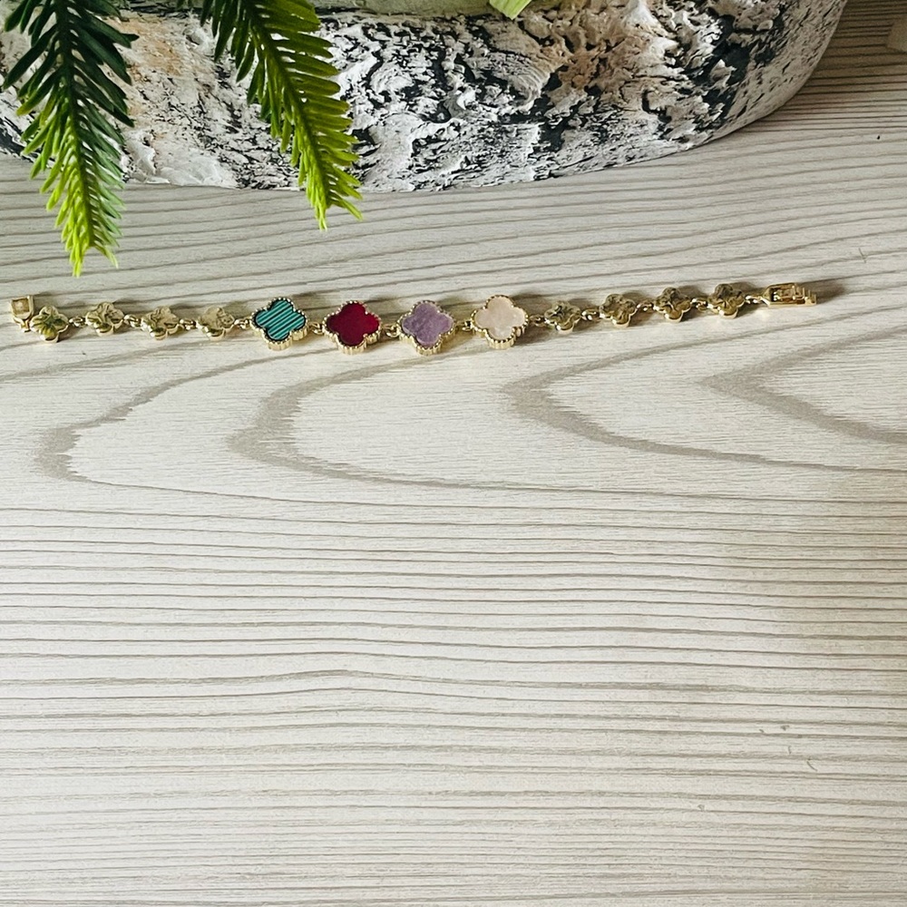 Gold‎ Multi-Stone Clover Bracelet - Pink, Purple, Red, Turquoise - Picture 2 of 3